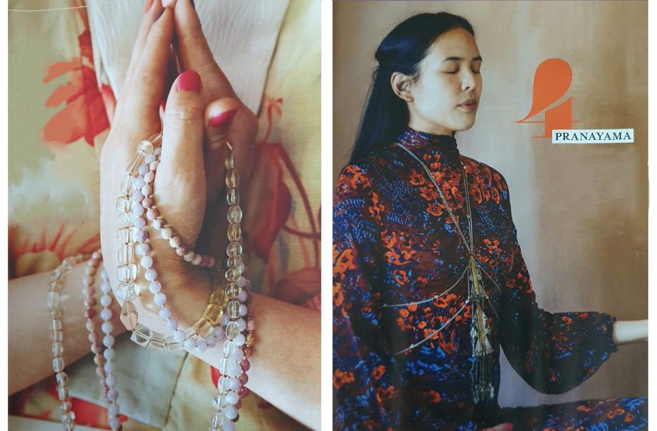 ..handgeknoopte mala's en een prachtig 'chakra-sieraad' speciaal gemaakt voor Happinez in 2021  Fotografie Dana van Leeuwen, Styling Marita Janssen